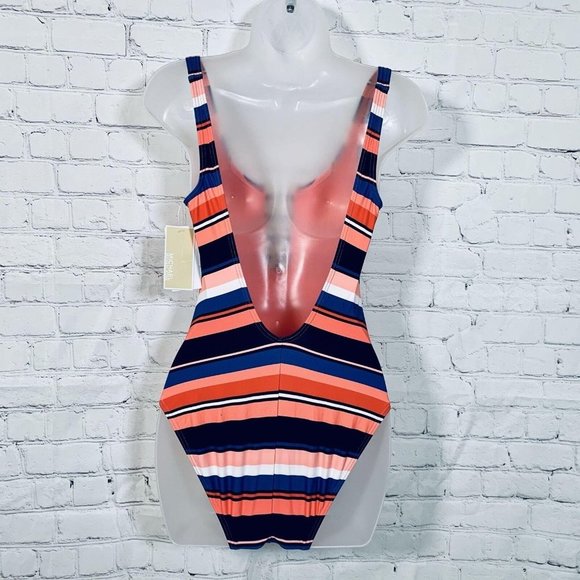 ☀️Michael Kors Striped Chain-Ring One-Piece Swimsuit Persimmon Multi Size 4 NWT - Picture 8 of 8